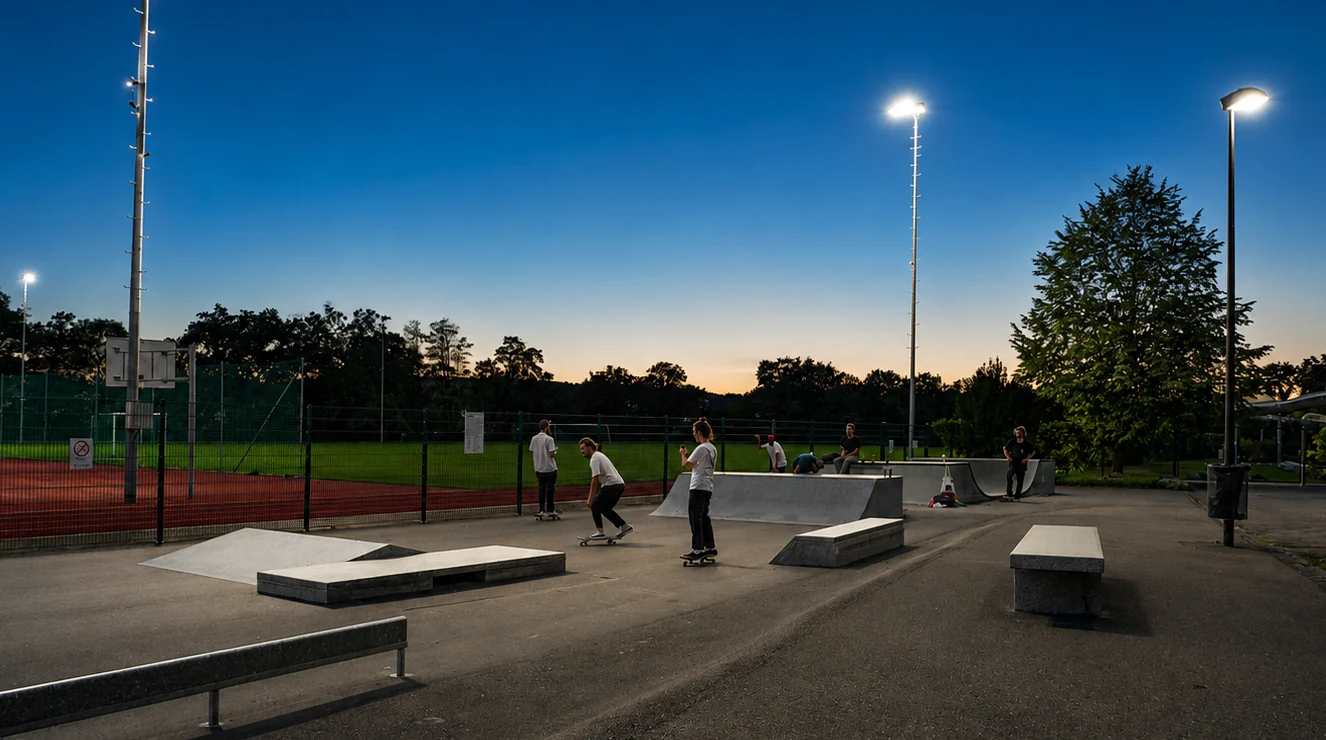 Granit-Skatepark Arlesheim bei Nacht Skater nutzen den beleuchteten Granit-Skatepark in Arlesheim während einer abendlichen Session.